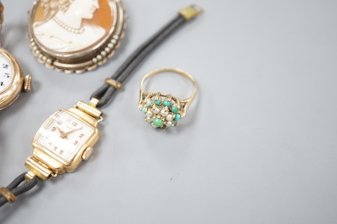 A lady's early 20th century 9ct gold manual wind wrist watch, on a 9ct strap, gross 16.4 grams, a lady's 18k watch, gross 9.9 grams, a cameo brooch and a 9ct dress ring.